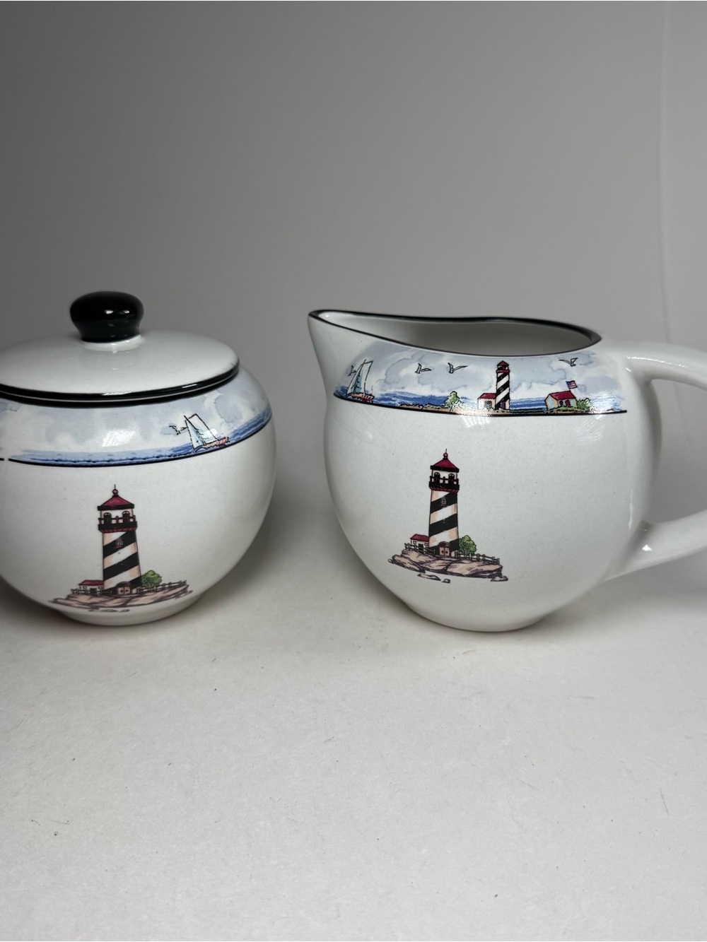 Totally Today Coastal Lighthouse Cream And Sugar Stoneware Pieces 4" Set